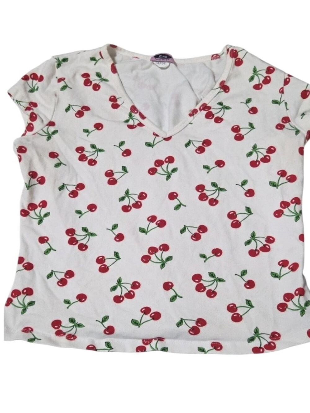 Vtg Made In U.s.a Jrs Lg Cherry Print V-Neck Tee - White/Red -